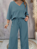 Set di due pezzi Plus Size Top casual a tinta unita con scollo a V e pantaloni a palazzo versatili