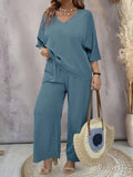 Set di due pezzi Plus Size Top casual a tinta unita con scollo a V e pantaloni a palazzo versatili