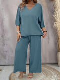Set di due pezzi Plus Size Top casual a tinta unita con scollo a V e pantaloni a palazzo versatili