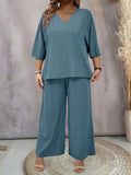 Set di due pezzi Plus Size Top casual a tinta unita con scollo a V e pantaloni a palazzo versatili