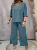 Set di due pezzi Plus Size Top casual a tinta unita con scollo a V e pantaloni a palazzo versatili