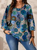 Camicetta ampia da donna taglie forti, stampa all-over, scollo tondo, maniche a 3/4, casual, adatta per autunno/inverno