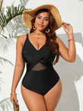 Costume da bagno intero con pannello in rete per donne taglie forti, per l'estate