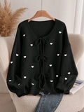 Cardigan lungo lavorato a maglia a cuori per donne taglie comode, elegante stile francese