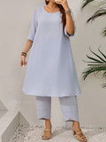 Set da donna  taglie forti, tinta unita, girocollo, maniche corte, top lungo e pantaloni, abito casual due pezzi