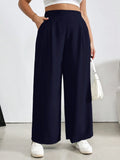 Pantalone con pieghe di colore unito, vita elastica, per donna taglie forti