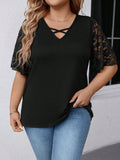 Elegante camicetta per taglie comode, carina, versatile, con maniche in pizzo, scollo a V, design incrociato, colore nero