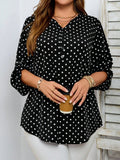 Camicia casual da donna taglie forti con stampa a pois, colletto intaglia e maniche arrotolabili