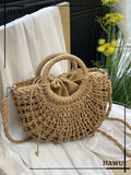 Borsa a mezzaluna con design traforato, borsa da spiaggia alla moda in paglia intrecciata, borsa da vacanza alla moda per l'estate