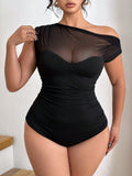 Body elegante in taglie forti, con parte in rete a contrasto elastico e trasparente