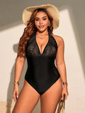 Costume da bagno intero da donna taglia grande con scollo a V in pizzo nero e sulla schiena