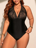 Costume da bagno intero da donna taglia grande con scollo a V in pizzo nero e sulla schiena
