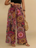 Pantaloni casual da spiaggia estivi con stampa rosso-marrone stile boho, grandi dimensioni, con cintura, a gamba larga, per donne