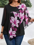 Camicia casual estive, da donna taglie forti, con stampa floreale, collo rotondo e maniche corte