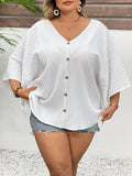 Camicia da donna taglie forti con scollo a V, maniche a pipistrello, texture da vacanza, stile boho per vacanze