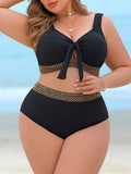 Costume da bagno da donna taglie forti, set da 2 pezzi con reggiseno con laccetti frontali e slip vita alta, in tessuto strutturato, costume elegante e sexy per vacanze estive e spiaggia