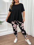Set Taglia grande Donne Estate Maglietta a manica corta morbida a girocollo e Leggings stampati elasticizzati set stile boho