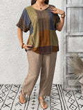 Set 2 pezzi Pantaloni con stampa plaid e blocchi di colore in tessuto texturizzato, e pantaloni corti sovrapposti