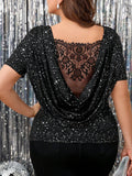 Maglietta con maniche corte da donna di taglia grande, con contrasto di pizzo e grafica glitterata