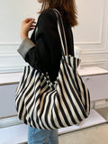 Borsa in tela stile retrò a righe, elegante e alla moda, con ampia capacità, spaziosa e polivalente, ideale per lavoro, scuola o gite fuori porta, borsa in tela per spiaggia