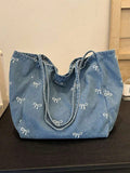 Borsa a tracolla casual versatile in tela lavata azzurra con fiocco, di moda coreana, attraente, adatta per pendolarismo, viaggi, shopping, ritorno a scuola, di grande capacità, elegante borsa da donna