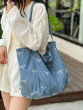 Borsa a tracolla casual versatile in tela lavata azzurra con fiocco, di moda coreana, attraente, adatta per pendolarismo, viaggi, shopping, ritorno a scuola, di grande capacità, elegante borsa da donna