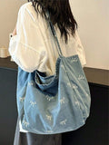 Borsa a tracolla casual versatile in tela lavata azzurra con fiocco, di moda coreana, attraente, adatta per pendolarismo, viaggi, shopping, ritorno a scuola, di grande capacità, elegante borsa da donna