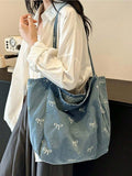 Borsa a tracolla casual versatile in tela lavata azzurra con fiocco, di moda coreana, attraente, adatta per pendolarismo, viaggi, shopping, ritorno a scuola, di grande capacità, elegante borsa da donna