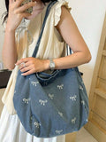 Borsa a tracolla casual versatile in tela lavata azzurra con fiocco, di moda coreana, attraente, adatta per pendolarismo, viaggi, shopping, ritorno a scuola, di grande capacità, elegante borsa da donna