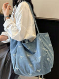 Borsa a tracolla casual versatile in tela lavata azzurra con fiocco, di moda coreana, attraente, adatta per pendolarismo, viaggi, shopping, ritorno a scuola, di grande capacità, elegante borsa da donna