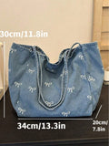 Borsa a tracolla casual versatile in tela lavata azzurra con fiocco, di moda coreana, attraente, adatta per pendolarismo, viaggi, shopping, ritorno a scuola, di grande capacità, elegante borsa da donna