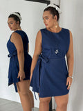 Abito da donna oversize in jeans blu scuro senza maniche, attillato, con cintura e collo rotondo