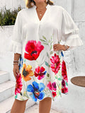 Vestito casual con scollo a V, maniche corte, stampa floreale, linea dritta, ampio, vestito estivo blu, vestito primaverile estivo bianco, stile bohémien, da vacanza
