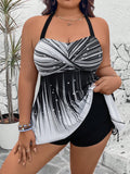 Set da 2 pezzi per taglie forti, top crop con stampa grafica e pantaloncini in tinta unita vita alta con laccetto laterale, canottiera con spalline e intreccio sulla schiena, smagrente, casual tankini