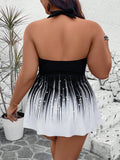 Set da 2 pezzi per taglie forti, top crop con stampa grafica e pantaloncini in tinta unita vita alta con laccetto laterale, canottiera con spalline e intreccio sulla schiena, smagrente, casual tankini