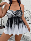 Set da 2 pezzi per taglie forti, top crop con stampa grafica e pantaloncini in tinta unita vita alta con laccetto laterale, canottiera con spalline e intreccio sulla schiena, smagrente, casual tankini