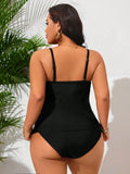 Set di costumi da bagno tankini a tinta unita neri, taglio svasato, da donna taglie forti, abbigliamento casual da spiaggia