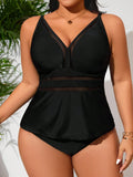 Set di costumi da bagno tankini a tinta unita neri, taglio svasato, da donna taglie forti, abbigliamento casual da spiaggia