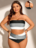 Set di costumi da bagno casual da donna taglie forti, a righe, con patchwork e spalline