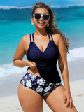 Costume da bagno tankini da donna taglie forti, 2 pezzi con stampa casuale, con spalline regolabili e vita alta