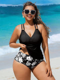 Costume da bagno tankini da donna taglie forti, 2 pezzi con stampa casuale, con spalline regolabili e vita alta