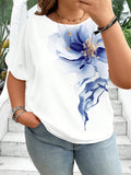 Camicia casual a maniche corte da donna con scollo rotondo, oversize, con stampa floreale