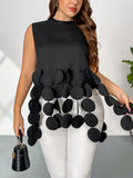 Blusa oversize alla moda con orlo rotondo e frangia, senza maniche