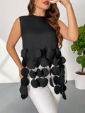 Blusa oversize alla moda con orlo rotondo e frangia, senza maniche