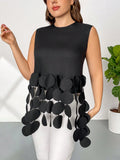 Blusa oversize alla moda con orlo rotondo e frangia, senza maniche