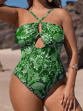 Costume intero da donna taglie forti con stampa floreale, senza schienale e arricciato