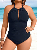 Costume da bagno intero con arricciatura, schiena scoperta e collo alto, di colore unito, per vacanze e spiaggia, taglie comode