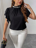 Camicia elegante da donna taglie forti, con colletto decorato con perline e maniche a cappuccio a doppio strato