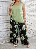 Set di 2 pezzi Completo casual da donna taglie comode con stampa floreale, top girocollo e pantaloni larghi, estate stile boho per vacanza