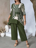 Set da donna oversize di camicia e pantaloni elegante con stampa asimmetrica e patchwork, due pezzi